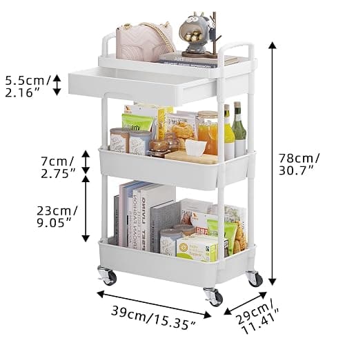 Calmootey 3-Tier Rolling Utility Cart with Drawer,Multifunctional Storage Organizer with Plastic Shelf & Metal Wheels,Storage Cart for Kitchen,Bathroom,Living Room,Office,White - 3-Tier - White thumbnail 5