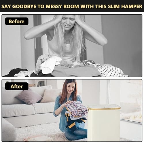 Slim Laundry Hamper with Lid - 60L Narrow Laundry Hamper with Lid, Dirty Clothes Hamper Small Hampers for Small Space, Slim Laundry Basket with Bamboo Handle (Beige) thumbnail 8