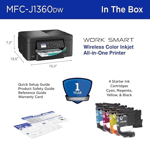 Brother Work Smart 1360 Wireless Color Inkjet All-in-One Printer with Automatic Duplex Printing and 1.8” Color Display | Includes Refresh Subscription Trial(1) (MFC-J1360DW) (Uses LC501 Series Inks) thumbnail 7