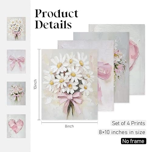 Locomiss Pink Vintage Floral Cute Bow Posters Wall Art Decor, Girly Wildflowers Bouquet Oil Painting Wall Art Decor for Teen Girl Bedroom Dorm Living Room Bathroom,Set of 4 (8x10 Unframed) thumbnail 2