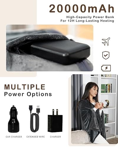 MIMYTH Cordless Heated Blanket, Cozy Portable Heated Blanket Battery Operated w/Hoodie, 3 Temp, 20000 mAh, Camping Wearable Heating Blanket for Car, Heated Throw Cordless thumbnail 5