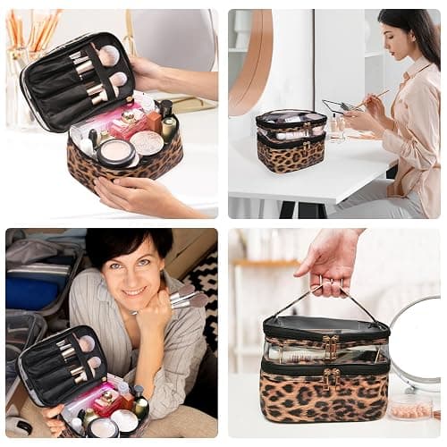 imerelez Double-layer Cosmetic Bag Makeup Bag Travel Makeup Bag Makeup Bags for Women Cosmetics Cases Portable Waterproof Foldable (Leopard) thumbnail 6