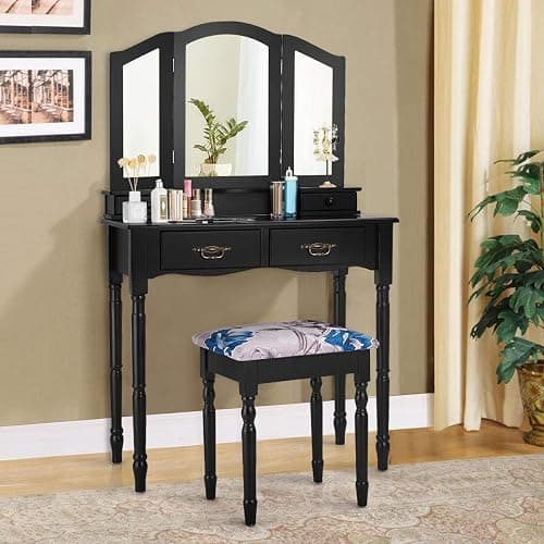 Giantex Vanity Set with Tri-Folding Mirror, Makeup Dressing Table with 4 Drawers and Storage Shelf, Modern Bedroom Bathroom Makeup Vanity Desk with Cushioned Stool for Girls Women (Black) thumbnail 2