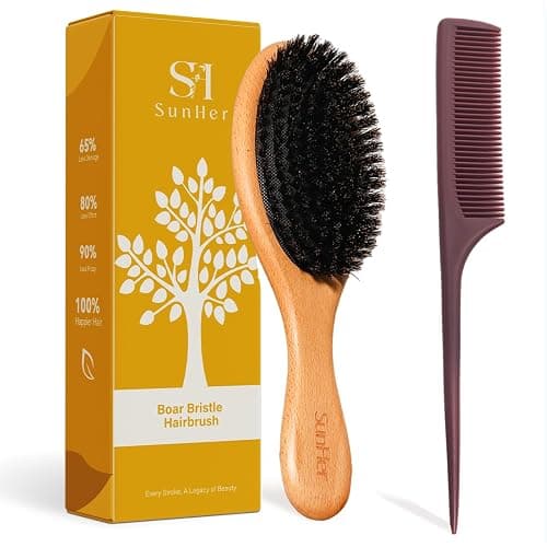 SunHer Boar Bristle Hair Brush - 100% Soft Boar Bristle Brush for Women Men Kids Restore Shine and Fine - Wooden Slick Back Hairbrush with Plastic Tail Comb for Short Thin Dry Hair - Image 1