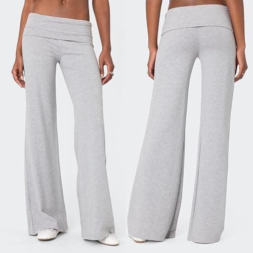 CocMouse Womens Y2k Flare Leggings Fold Over Yoga Pants Wide Leg Beach Pants Foldover Waist Bootcut Sweatpants Bell Bottom thumbnail 2