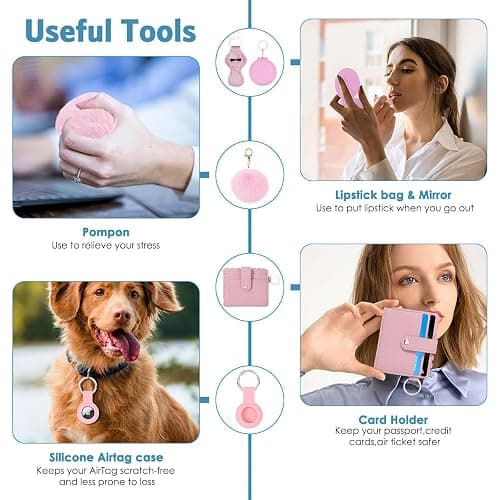 Ankilo Upgraded Safety Keychain Set for Women, Wristlet Strap Keychain with Personal Alarms, Mirror, Pom Pom, etc. (18PCS) - Pink thumbnail 4
