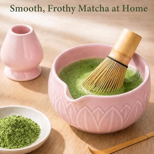 HUSHHAVN Matcha Whisk Set, Ceramic Matcha Set Includes Bowl & Holder, Bamboo Whisk (Chasen), Scoop, Spoon and Sifter, 6Pcs Matcha Kit Covers Everything Needed for Making Matcha (Leaf Pink) thumbnail 4