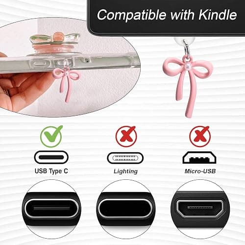 AIERSA Cute Charms Set for Kindle,Including Dust Plug Charm Type C/USB C,Heart Grip Holder,Bling Keychains with Hook for Kindle Accessories,Compatible for Kindle Paperwhite 11th 12th Generation-Pink thumbnail 4