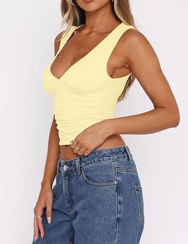 ForeFair Womens Deep V Neck Crop Tank Tops Going Out Double Lined Sexy Crop Top Sleeveless Slim Fit Y2k Summer Tops thumbnail 3