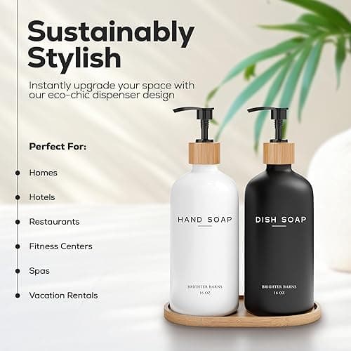Luxury Glass Hand and Dish Soap Dispenser Set by Brighter Barns - Kitchen Soap Dispenser Set with Tray - Bamboo Pump Bottle for Kitchen Sink - Boho Home Decor, Modern Decor in Restaurant (Black/White) - Hand Dish (Black/White) thumbnail 3