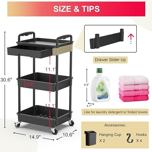 Goovilla 3 Tier Rolling Utility Cart Organizer with Removable Drawer, Stable and Sturdy Black Rolling Storage Carts with 2 Lockable Wheels for Bathroom, Kitchen, Snack, Craft, Makeup, Baby Essentials thumbnail 2