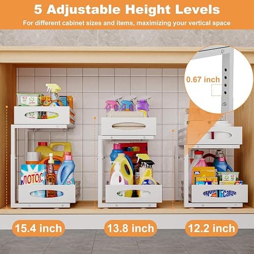 Under Sink Organizer, 2 Tier Under Sink Organizers and Storage, Adjustable Height, Slide out Metal Cabinet Organizers, Pull out Cabinet Storage Drawer Shelf for Kitchen Bathroom thumbnail 6