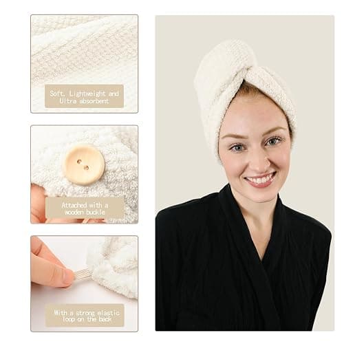 ROLSHOL Extra Large 4 Pack Microfiber Hair Towel Wrap for Women Super Absorbent & Quick Dry Hair Drying Towels with Button, Hair Turbans for Curly Hair Long & Short Hair - Anti-Frizz (green pinstripe) thumbnail 3