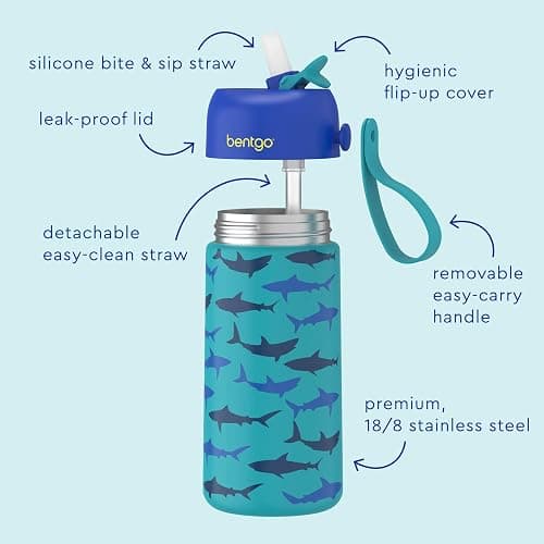 Bentgo® Kids Stainless Steel Insulated Water Bottle - Leak-Proof; Keeps Cool for 12 Hours; Durable, BPA-Free, Dishwasher Safe 14 oz. Cup for Ages 3+ for School/Sports/Daycare (Sharks) thumbnail 4