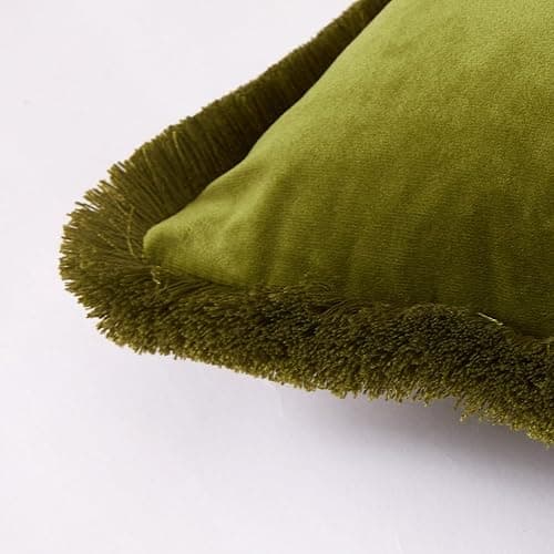 JUSPURBET Olive Green Decorative Velvet Fringe Throw Pillow Covers 18x18 Set of 2 Boho Soft Cushion Case for Home Decor Living Room Couch Sofa Bed thumbnail 3