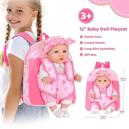 DONTNO 12" Baby Doll with Backpack Carrier in Gift Box,12 Inch Realistic Baby Dolls with Clothes and Accessories,Toy Pretend Play Collection for 3+ Child Girls Gifts thumbnail 3