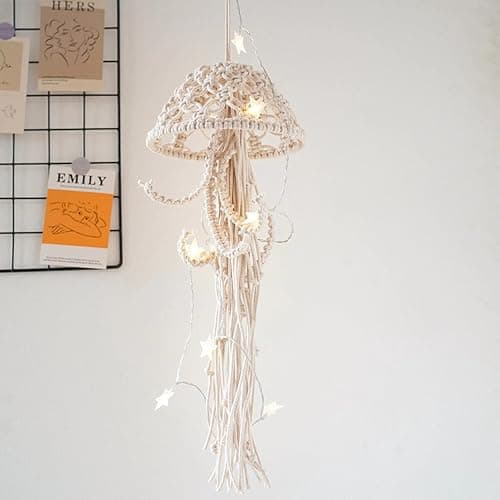 Macrame Wall Hanging,Jellyfish Dream Catcher with Star Lights,Bohemian Woven Wall Art Decor Beautiful Apartment Dorm Room Door Decoration (White) thumbnail 5