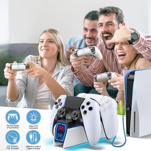 Tokluck PS5 Controller Charger Station - Compatible with Playstation 5 Edge & Dual Controller Gaming, Games Charging Station with Cable, PlayStation Games Dock Stand for with LED Indicators, White thumbnail 8