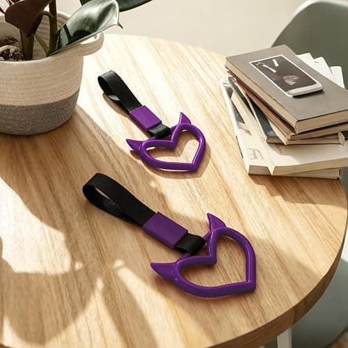 JUYQZ 2 Pcs Devil Heart Shaped Car Handle Strap – Drift Charm Rear Bumper Warning Ring Decor for Car Interior Exterior, Subway Bus Handle Accessory, Cute Heart Car Decor Gift for Drivers (Purple) thumbnail 8
