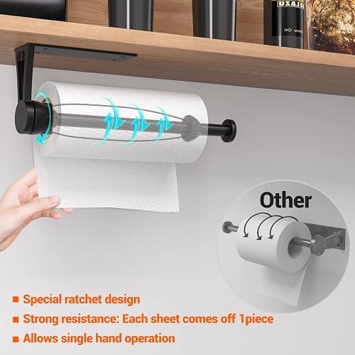 Paper Towel Holder Under Cabinet, Single Hand Operable Wall Mount with Damping Effect, Self-Adhesive or Drilled for Kitchen Bathroom, Black thumbnail 4
