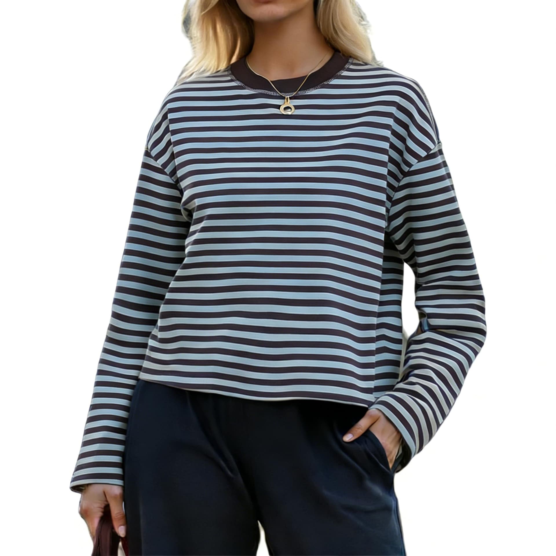 Women Oversized Striped Long Sleeve Shirt Y2k Crewneck Drop Shoulder Cropped Tees Teen Girls Baggy Sweatshirt thumbnail 4