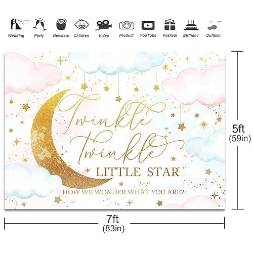 Fitumiw Twinkle Twinkle Little Star Gender Reveal Backdrop 7x5ft Pink or Blue How We Wonder What You are Gender Reveal Background Party Decorations Moon and Stars Boy or Girl Banner - 7x5ft - Pink&Blue thumbnail 3