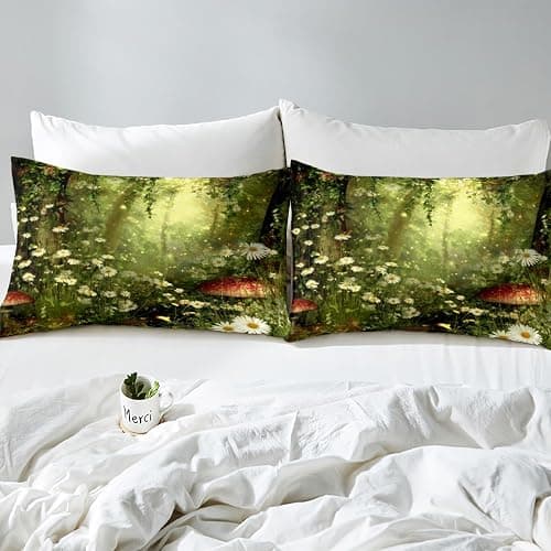 Erosebridal Magic Fitted Sheet Mushroom Fitted Sheet Twin Size Daisy Leaves Branches Sunset Nature Bedding Set Trippy Style Fairy Tale Theme Bed Cover Home Room Decorative thumbnail 8