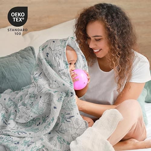 Muslin Swaddle Blankets for Newborn, 3 Pack Breathable Soft Receiving Blanket, Large 38 x 40 inches Swaddle Wrap Burping Clothes Diapers, Essentials Infant Shower Items, Toddler Gift (Fawn & Leaves) thumbnail 4