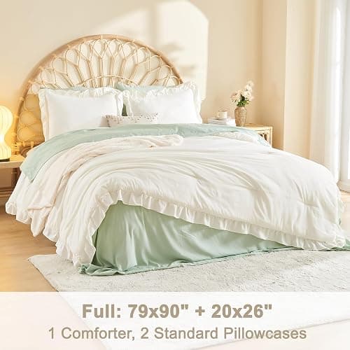 Litanika Full Comforter Set Ivory, 3 Pieces Beige Ruffle Farmhouse Aesthetic Bedding Comforter Set, Lightweight Fluffy Microfiber Bed Set (79x90In Comforter, 2 Pillowcases) thumbnail 7