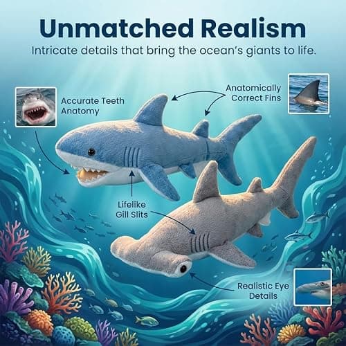 Bedwina Stuffed Animal Sharks - Pack of 2 Large, 14 inch Mako & 13 inch Hammerhead Plush Shark Toys, Stuff Animals Toy, for Baby Toddlers & Kids thumbnail 4