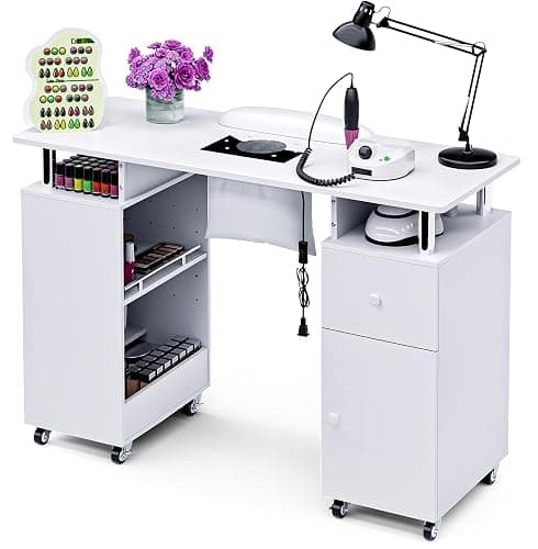 HolaiNail Manicure Table Nail Desk for Nail Tech, Acetone Resistant Beauty Salon Station with Dust Collector, Wrist Pad, Lockable Wheels, Drawer & Cabinet, White - Image 1