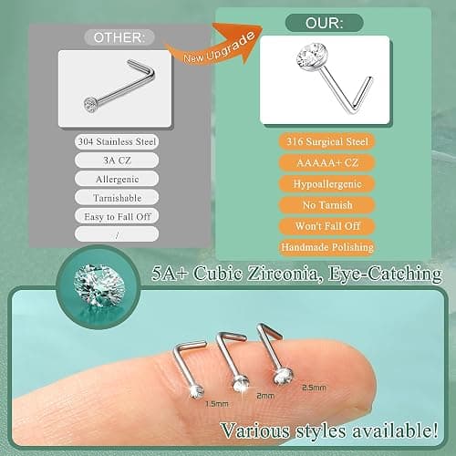 THUNARAZ Straight L Shaped Stainless Steel Nose Studs Rings Piercing Pin Body Jewelry 20G-22G 1.5mm 2mm 2.5mm thumbnail 5