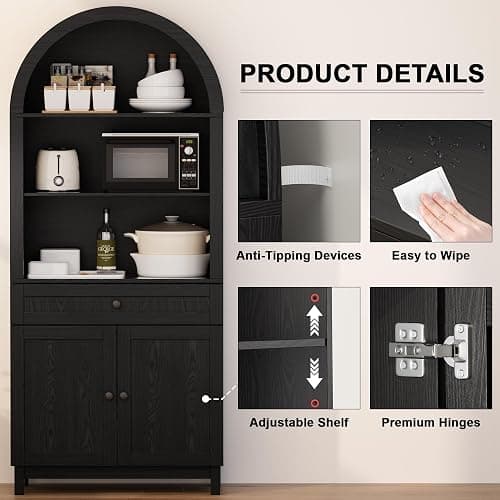 TEROL Arched Pantry Cabinet, 71" Kitchen Pantry Cabinet with Smooth Gliding Drawers and Adjustable Shelf, Wood Storage Cabinets Anti-Tipping, Modern Farmhouse for Living Room, Dining Room (Black) - Black thumbnail 4