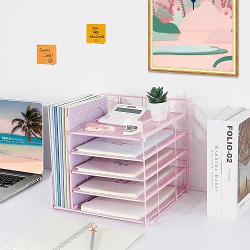 LEKETREE Desk Organizers and Accessories, 5-Tier Paper Letter Tray Organizer with File Holder, Desktop Organizer for Office Supplies (Pink) thumbnail 2