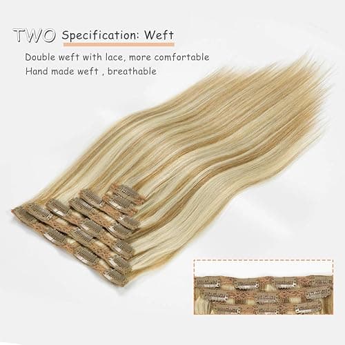 Caliee Blonde Clip in Hair Extensions Real Human Hair,P10-613 Natural Human Hair Extensions Clip ins Real Human Hair for Women Full Head 120G with 16 Clips 7Pcs Lace Clip in hair 18Inch - 18 Inch 120G- Lace Clip - P10-613 Highlight Golden Brown and Bleach Blonde thumbnail 4