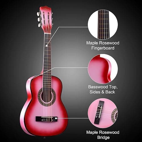 ADM Beginner Acoustic Classical Guitar 30 Inch Nylon Strings Wooden Guitar Bundle Kit for Kid Boy Girl Student Youth Guitarra Online Lessons with Gig Bag, Strap, Tuner, Extra Strings, Picks,Pink 1 - 30 Inch - Hot Pink thumbnail 3