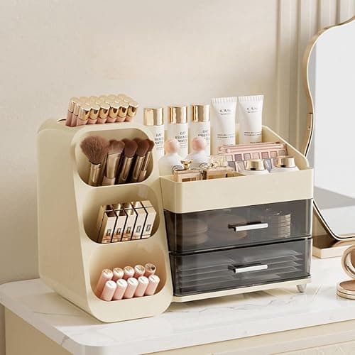 KQJS Makeup Organizer with Drawers,Large Capacity Countertop Organizer for Vanity,Bathroom and Bedroom Desk Cosmetics Organizer,Easy To Storage Skincare,Brushes, Eyeshadow, Lotions, Lipstick (Cream) - Image 1