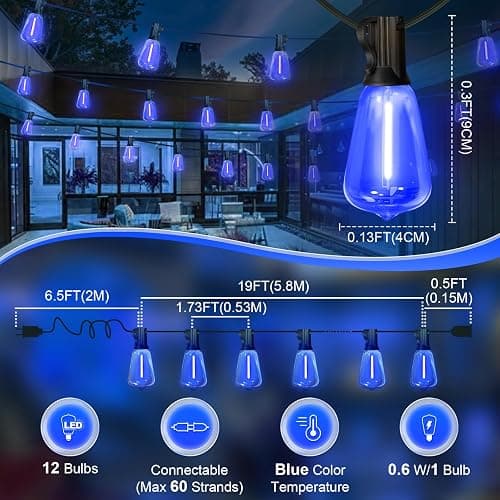 LAMPHOME 26Ft ST38 Outdoor String Lights, Blue Patio Lights with 12+1 ST38 Edison Bulbs, LED Shatterproof String Lights for Outside Bistro Christmas Patio Party Decorations thumbnail 3