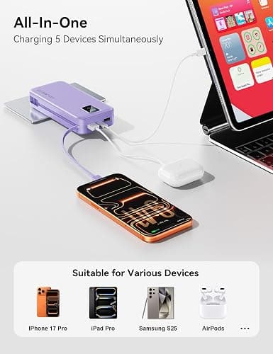 Rngsnoy Portable Charger 20000mAh 22.5W w/Built-in Cable & Wall Plug Purple | High capacity, Fast charging, Built-in cables & wall plug, LED display, Charge 5 devices at once, Pass through, TSA approved thumbnail 7
