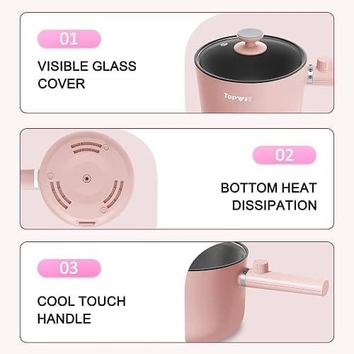 Topwit Hot Pot Electric, 1.5L Ramen Cooker, Portable Non-Stick Frying Pan, Electric Pot for Pasta, Steak, BPA Free, Electric Cooker with Dual Power Control, Over-Heating & Boil Dry Protection, Pink thumbnail 7