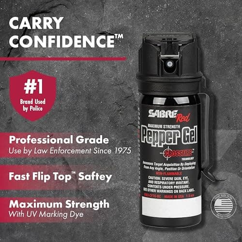 SABRE Crossfire Pepper Gel - 360° Spray for Defense at Any Angle, Maximum Strength Police-Grade OC Pepper Spray with UV Marking Dye, 20‑Foot Tactical Range, Fast Flip Top Safety, Belt Clip, 1.5 fl oz thumbnail 2