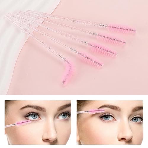 Tbestmax 50 Pcs Disposable Mascara Wands, Crystal Eyebrow Spoolies Brush for Eyelash Extensions, Pink Eye Lash and Makeup Brush thumbnail 4