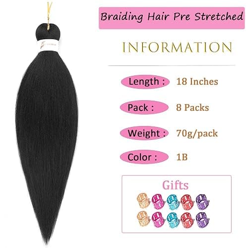 Braiding Hair Pre stretched 18 Inch 8 Packs Pre stretched Braiding Hair Ago Black Pre Stretched Hair For Braiding Yaki Texture Synthetic Hair Extension Itch Free Hot Water Setting(18", 1B#) thumbnail 2