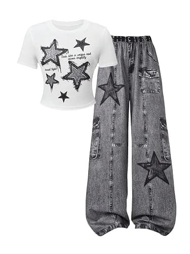 SOLY HUX Girl's Y2k Clothes Star Graphic Crop Top and Baggy Pants Grunge 2 Piece Outfit Streetwear - Image 1