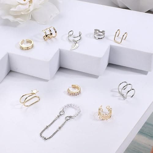 FINREZIO 64PCS Ear Cuff Earrings for Women, Non Piercing Clip On Wrap Cartilage Earrings Helix Ear Cartilage Ear Cuffs, Ear Clip Fake Earrings Adjustable thumbnail 9