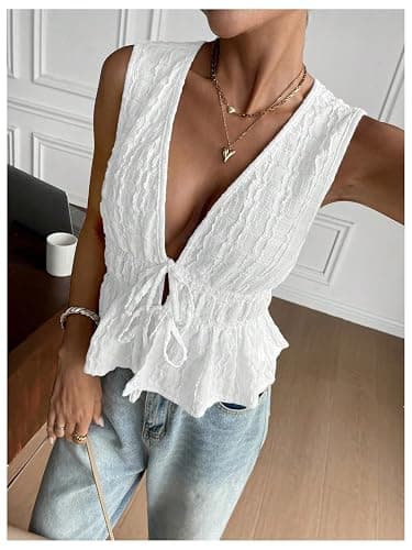 MakeMeChic Women's Tie Front Tank Top Sleeveless Ruffle Hem Crop Going Out Tops thumbnail 2