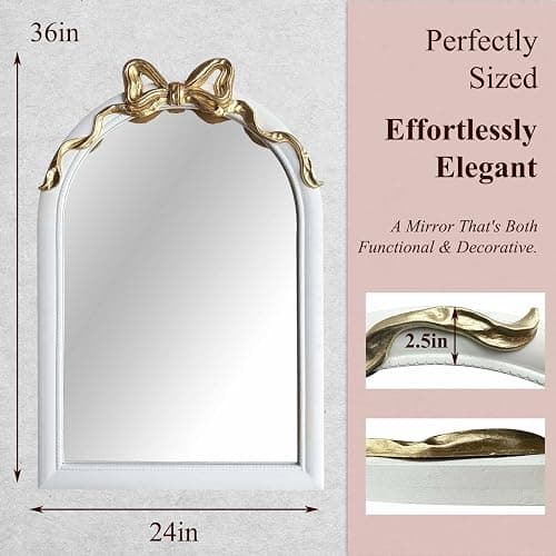 iyabat 36x24 Arched White Bow Wall Mirror with Gold Ribbon, Vintage Vanity Mirror for Bedroom & Nursery Decor, Cute Coquette Aesthetic Engineered Wood Frame, Shabby Chic Style thumbnail 3