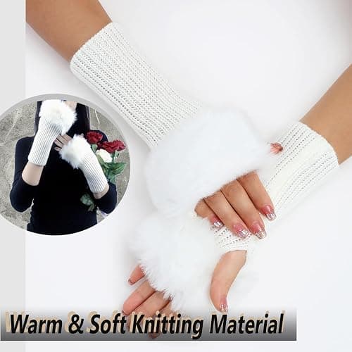 Lcaiualu Winter Women Fingerless Gloves Knitted Arm Warmers Hand Mittens ThumbHole Faux Fur Wrist Short Cuff for Women thumbnail 2