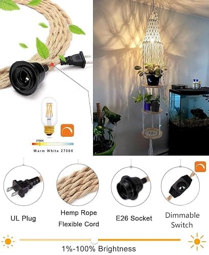 QIYIZM Boho Plug in Pendant Light Hanging Light with Plug in Cord,Dimmable Switch Hanging Lamp Macrame Lamp Shade and Plant Holder Shelf Indoor for Bohemian Decor Bedroom Corner Living Room thumbnail 2