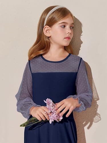 Haloumoning Girls Contrast Mesh Long Sleeve High Waist A Line Short Dress with Pockets 4-14 Years thumbnail 6